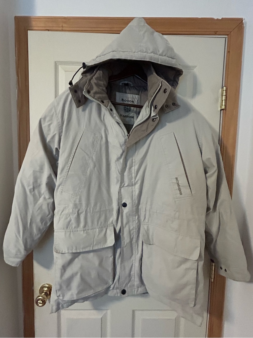 Men's Boston Harbour Down Feather Filled Hooded Puffer Jacket Light Beige Large